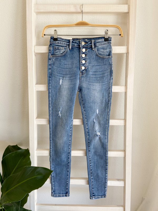 Blaue Skinny Jeans mit Knopfleiste - Used Look